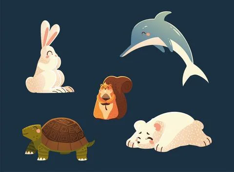 Dolphin rabbit squirrel turtle and polar bear nature cartoon animals Illustrazione stock
