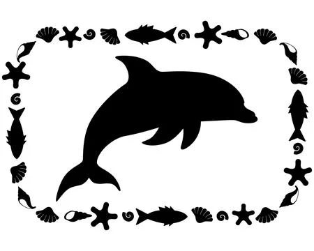 Dolphin, sea animal in a rectangular frame - vector silhouette for printing Stock Illustration