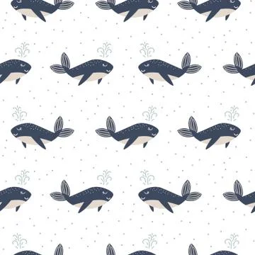 Dolphin seamless vector pattern. Cartoon style blue fun fish background. Stock Illustration