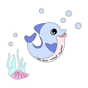Dolphin with shells, bubbles and algae in the ocean. For posters, prints on.. Illustrazione stock