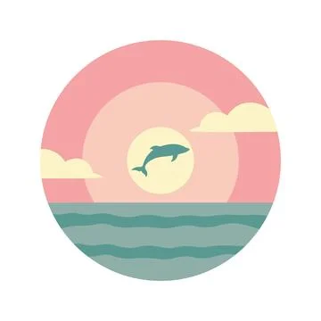 Dolphin Silhouette Jumping on the Ocean Surface with Sun Circle at Sunset S.. Stock Illustration