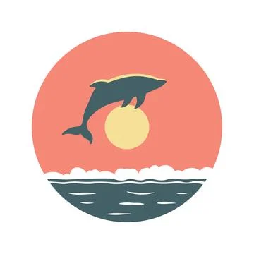 Dolphin Silhouette Jumping on the Ocean Surface with Sun Circle at Sunset S.. 스톡 일러스트