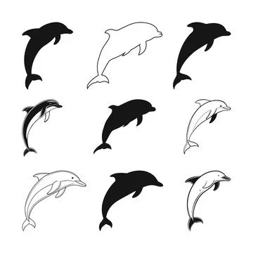 Dolphin silhouettes Vector, dynamic pose, dolphins silhouette, Stock Illustration