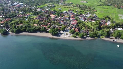 Dolphin statue to coastline orbit Stock Footage 329944402