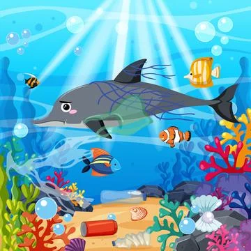 Dolphin Trapped in Plastic Waste Underwater with Coral Reef and Fish Stock Illustration