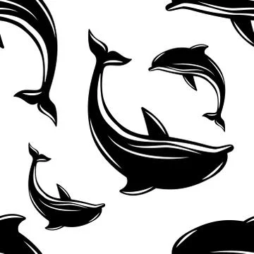 Dolphin. Vector illustration, flat style. Black and white. Seamless pattern Stock Illustration