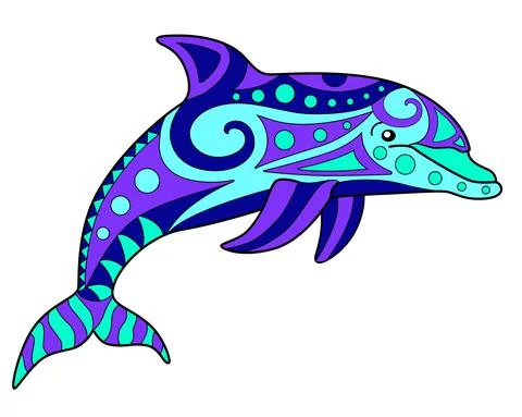 Dolphin - vector linear full color zentangle illustration - with marine mammal Stock Illustration