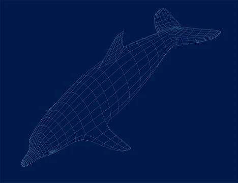 Dolphin wireframe made of blue lines isolated on dark background. Isometric view Stock Illustration