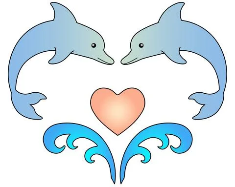 Dolphins and sea waves in the shape of a heart - vector full color drawing. Illustrazione stock