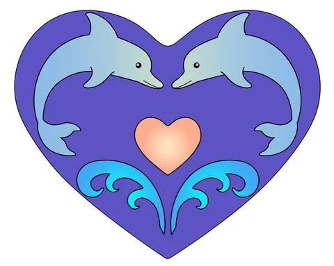 Dolphins and sea waves in the shape of a heart - vector full color drawing. Illustrazione stock