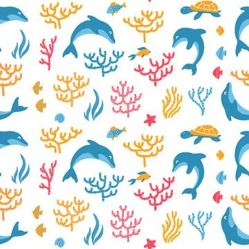 Dolphins and turtles seamless pattern design for the web or in print surface Stock Illustration