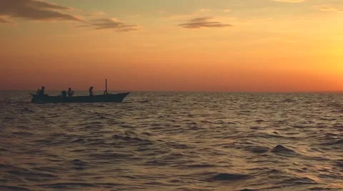 Dolphins jumping in front of boat with 3 people Stock Footage 67707613