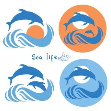 Dolphins jumping in sea. Vector logo isolated on white Stock Illustration