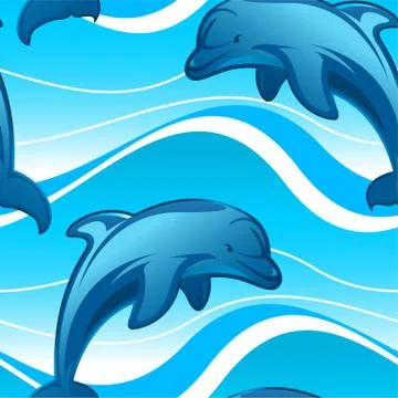 Dolphins jumping waves in a seamless pattern Stock Illustration