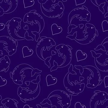 Dolphins seamless pattern on a dark blue background. White lines and hearts. Stock Illustration