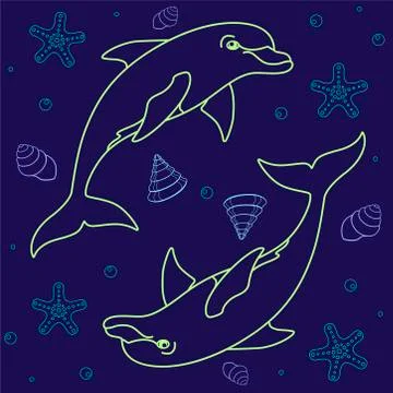 Dolphins. Seamless pattern with dolphins, shells and starfish on a classic blue Illustrazione stock