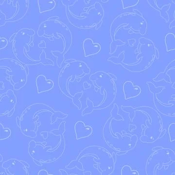 Dolphins seamless pattern on a lilac background. White lines and hearts. Stock Illustration