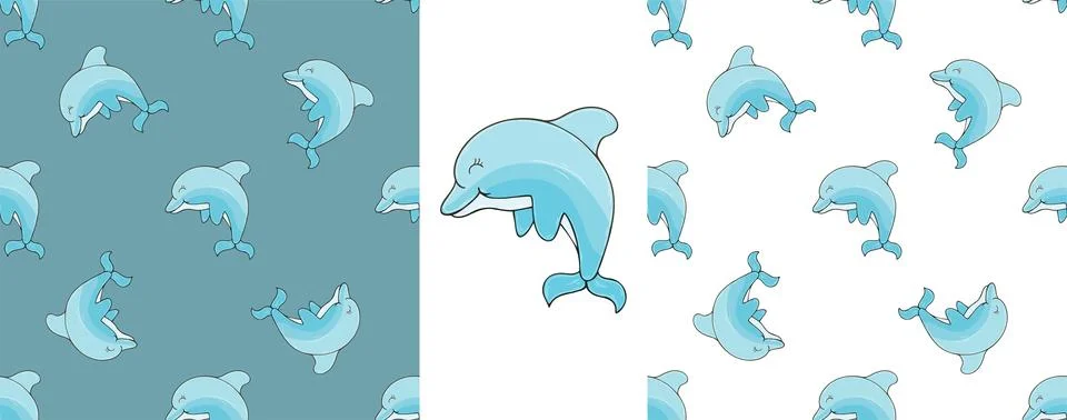 Dolphins. Set marine seamless patterns. Pattern in hand draw style, created f Stock Illustration