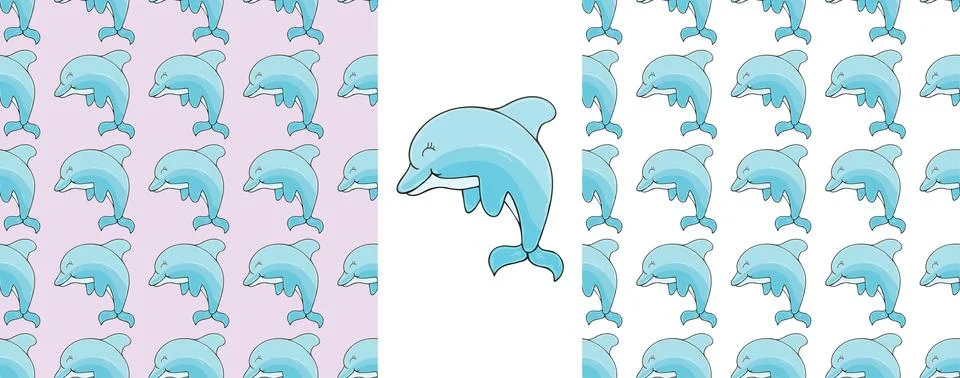 Dolphins. Set marine seamless patterns. Pattern in hand draw style, created f Stock Illustration