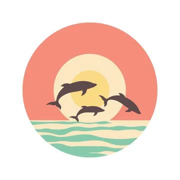 Dolphins Silhouette Jumping on the Ocean Surface with Sun Circle at Sunset .. 스톡 일러스트