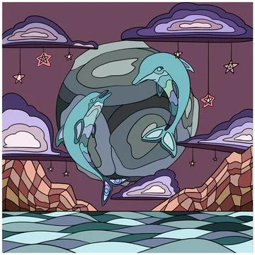 Dolphins in the sky among the clouds Stock Illustration