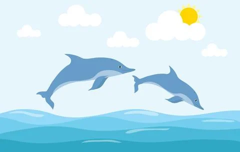Dolphins, two dolphins against the background of a seascape, sky and clouds. Illustrazione stock