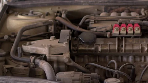 Doly Shot Of Engine Part of an Old Car in the Repair Shop Stock Footage 156872892