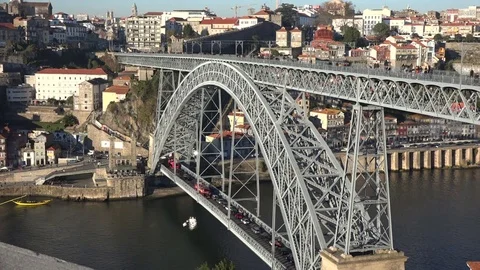 Dom Luis Bridge across river Douro, Porto Portugal, December 2016 Stock Footage 71144701