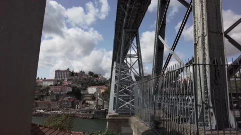 Dom Luis I Bridge - double-deck metal arch bridge that spans the River Douro b Stock Footage 154600516