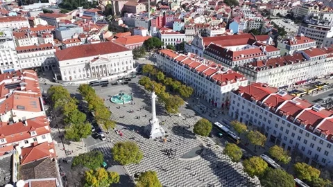 Dom Pedro Iv Square. Highrise Buildings Scenery. Beautiful Cityscape. Historic Vídeos de archivo 346191768