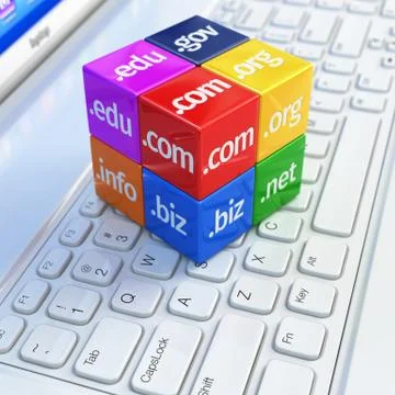 Domain concept. cubes on white laptop keyboard. Illustration
