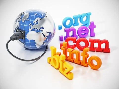 Domain name extensions around the globe with network cable. 3D illustration Stock-Illustration