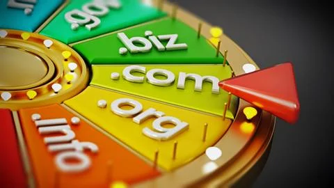 Domain name extensions on prize wheel. 3D illustration Illustration