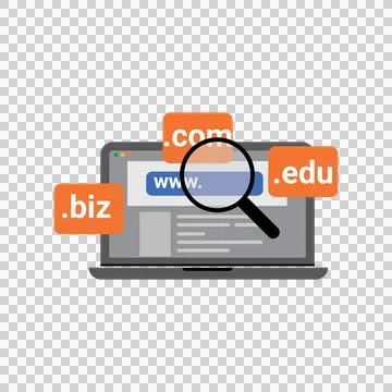 Domain Name Registration Concept with Laptop and Website Extensions Stock Illustration