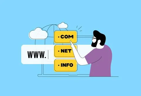 Domain registration process with top-level domains, website name purchase Stock Illustration