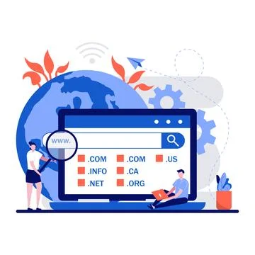 Domain registration web page concept with tiny character. People choose, fi.. Stock-Illustration