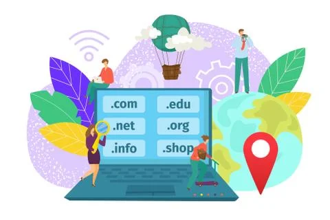Domain web name registration concept, website hosting icons in laptop and Stock Illustration