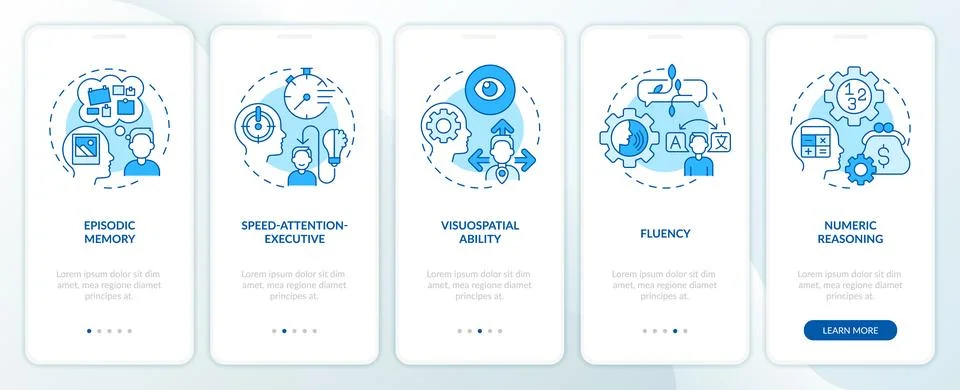 Domains of cognitive function blue onboarding mobile app screen Stock Illustration