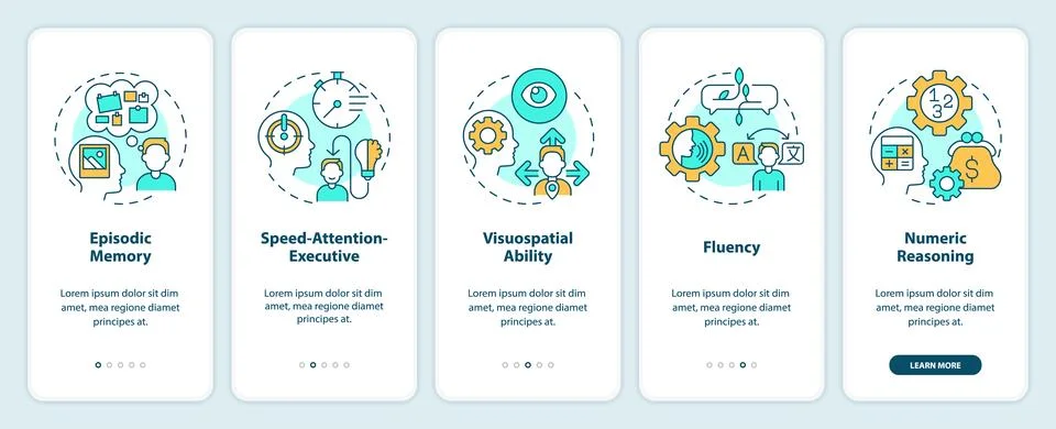 Domains of cognitive function onboarding mobile app screen Stock Illustration