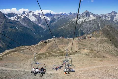 Dombay, Karachay-Cherkessia, Russia - August 15 2020: chairlift on moutains.  Stock Photos