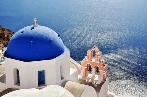 Dome of a church with the typical blue color of the Orthodox churches in Greece Stock Photos