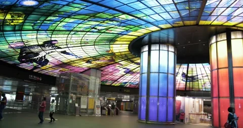 Dome of Light glass ceiling in Formosa Boulevard MRT station. Kaohsiung, Taiwan. Stock Footage 147987551