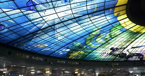 Dome of Light glass ceiling in Formosa Boulevard MRT station. Kaohsiung, Taiwan. Video stock 147987560