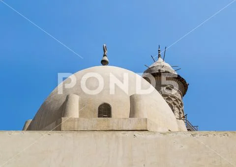 Dome at mosque of Sultan Al Nassir Qalawun revealing minaret El Zaher Barquq Stock Photos