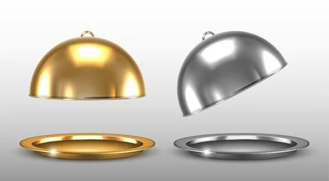 Dome for restaurant dishes. Vector realistic golden and silver cloche. Stock Illustration