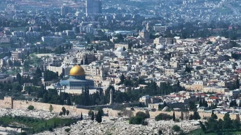 Dome of the Rock and Jerusalem Old City Quarter Vista Stock Footage 341509132