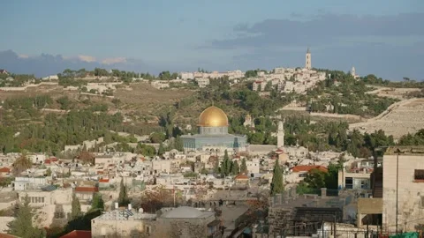 Dome of the Rock and Temple Mount in Old City of Jerusalem seen from far away Stock Footage 253108016
