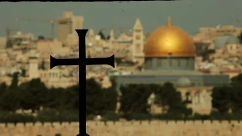 Dome of the Rock in jerusalem background with cross christian temple on focus Stock Footage 270956502