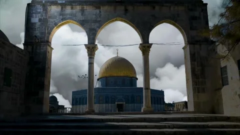 Dome of the Rock in Jerusalem Under Dramatic Cloudy Sky. Historic Architecture Stock Footage 289589110