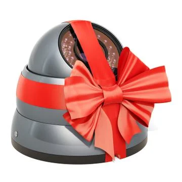 Dome security camera with bow and ribbon, gift concept. 3D rendering Stock Illustration